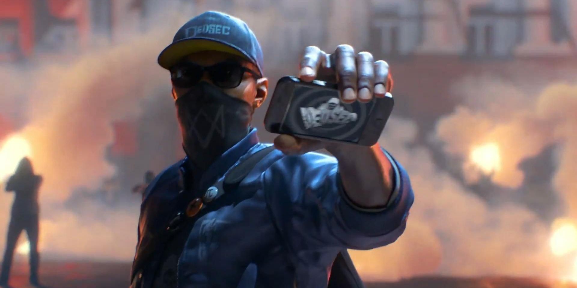 Marcus segura um smartphone no trailer de Watch Dogs 2