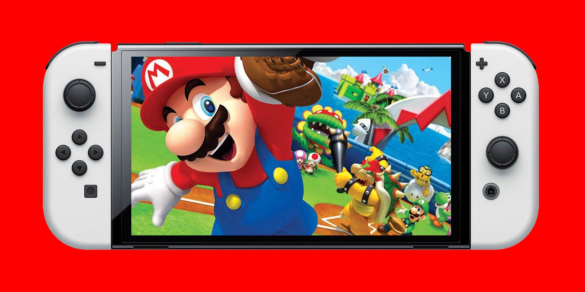 An image from Mario Super Sluggers superimposed onto a Nintendo Switch screen, with a red background.