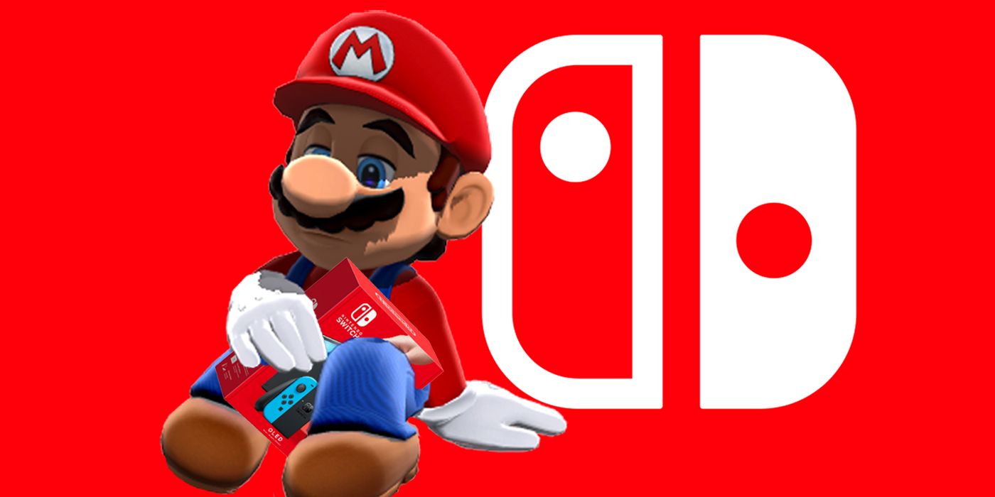 Imagem de Mario parecendo triste sentado com uma caixa de console Nintendo Switch na mão.  Atrás dele está um fundo vermelho com um logotipo branco do Nintendo Switch.