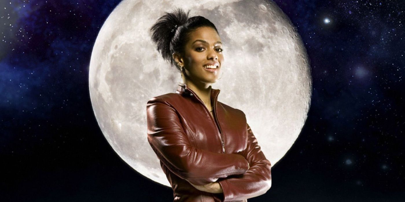 Martha Jones stands in front of the moon for a promotional image for Doctor Who