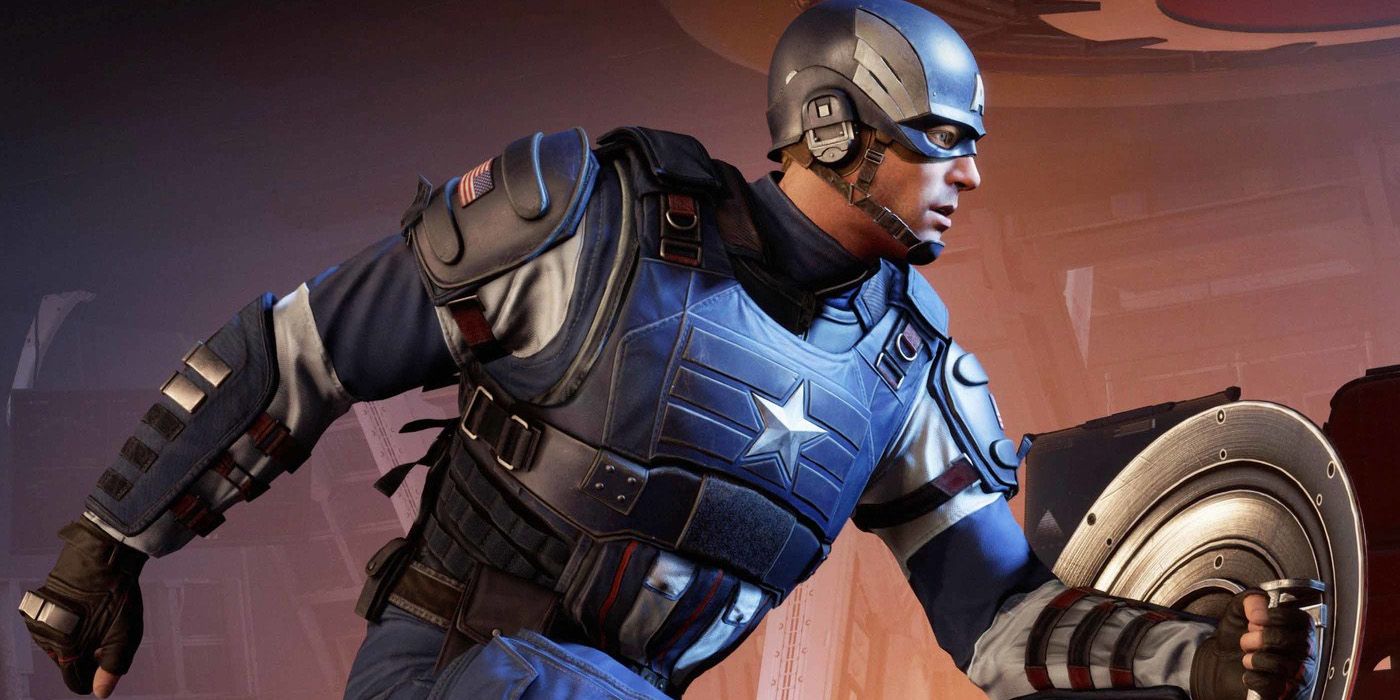 A screenshot of Captain America charging into battle in Marvel's Avengers.