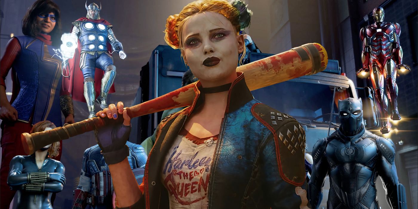 Marvel's Avengers standing behind Harley Quinn with a baseball bat