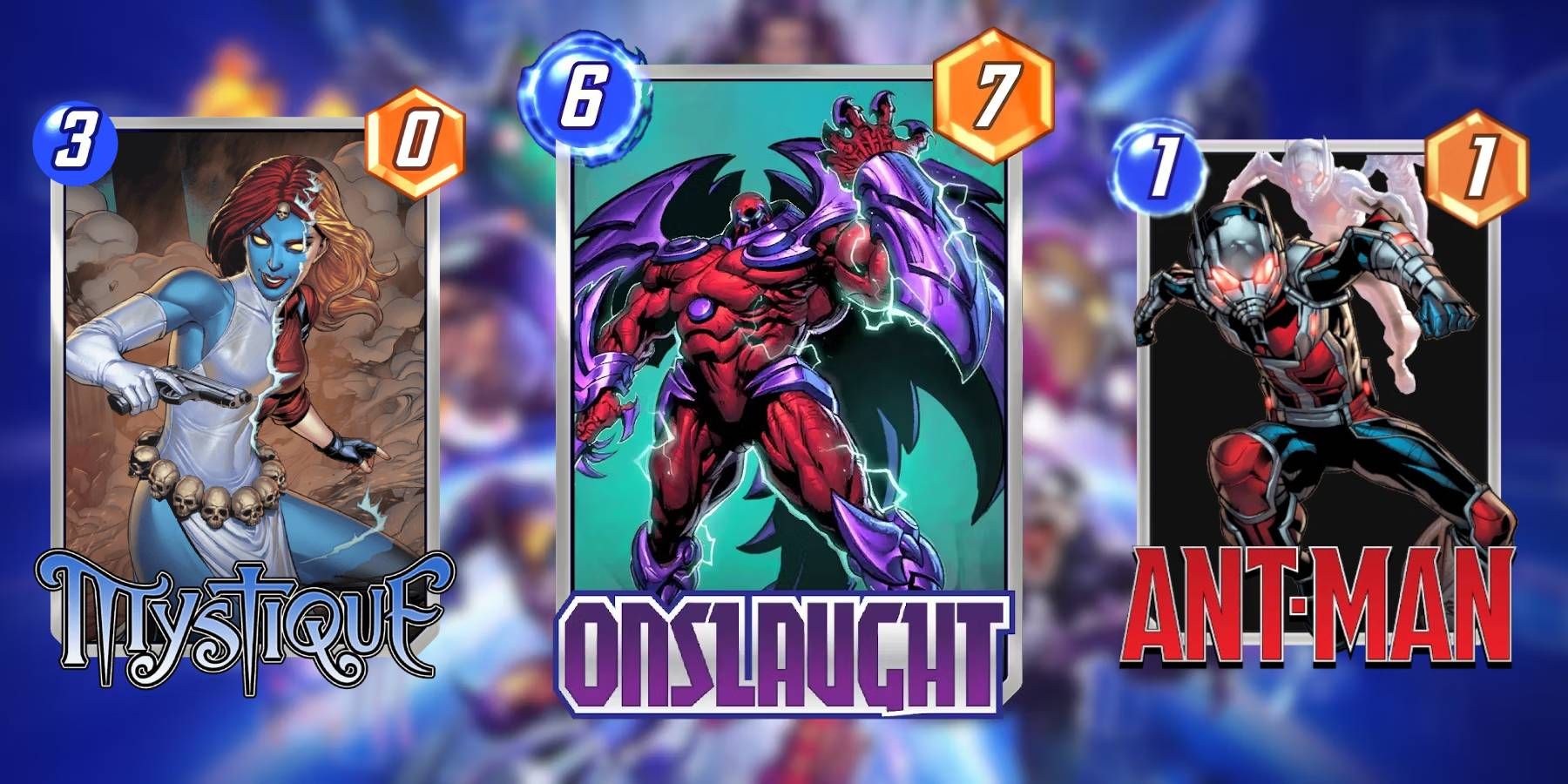 Marvel Snap Onslaught, Mystique e Ant-Man Cards com valores de energia e poder exibidos no fundo da imagem promocional