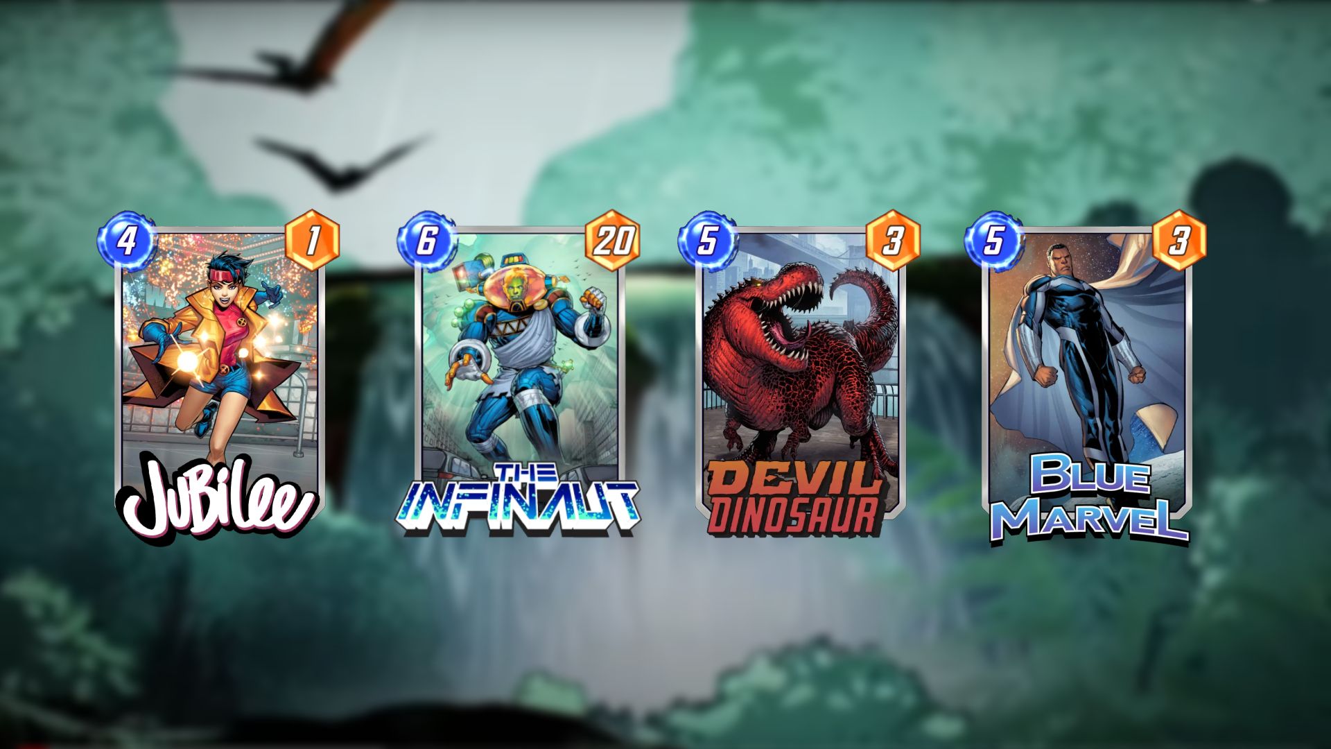 Marvel SNAP Zabu Deck Jubileu, Devil Dinosaur, Infinaut e Blue Marvel Official Cards no Savage Land Waterfall Background