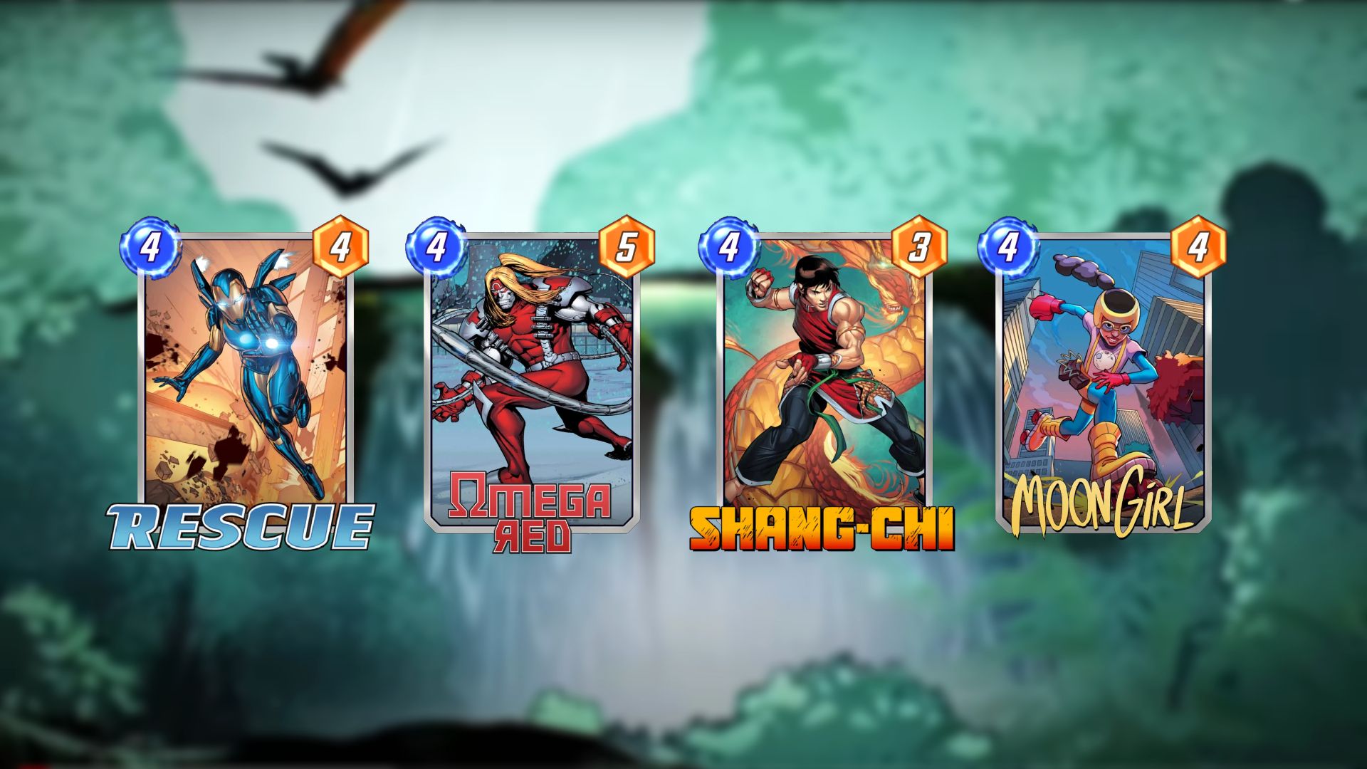 Marvel SNAP Zabu Deck Rescue, Omega Red, Shang-Chi e Moon Girl Official Cards no Savage Land Waterfall Background