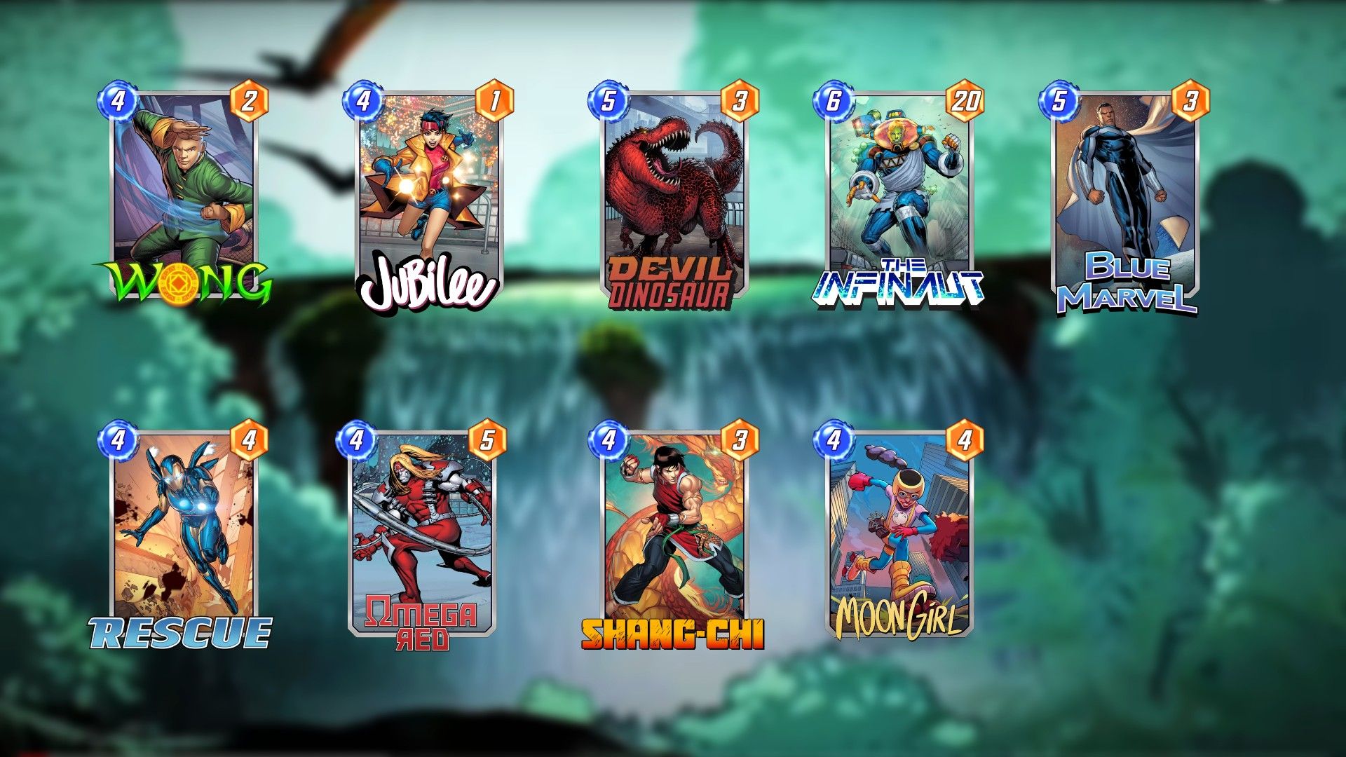 Marvel SNAP Zabu Deck Wong, Jubileu, Devil Dinosaur, Infinaut, Blue Marvel, Rescue, Omega Red, Shang-Chi e Moon Girl Official Cards On Savage Land Waterfall Background