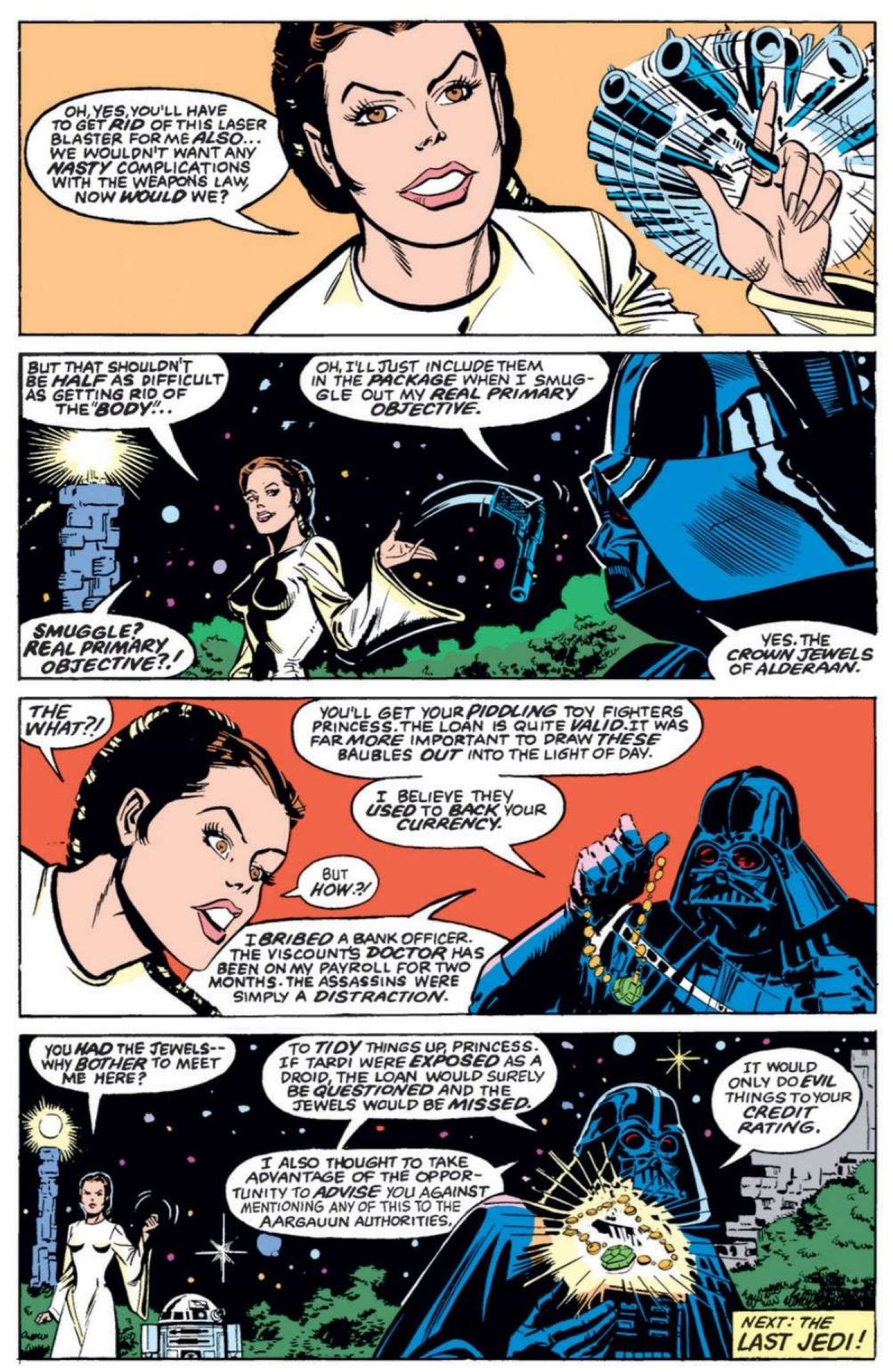 Darth Vader reveals to Princess Leia that he has stolen the Crown Jewels of Alderaan in issue 48 of Marvel’s Star Wars comics.