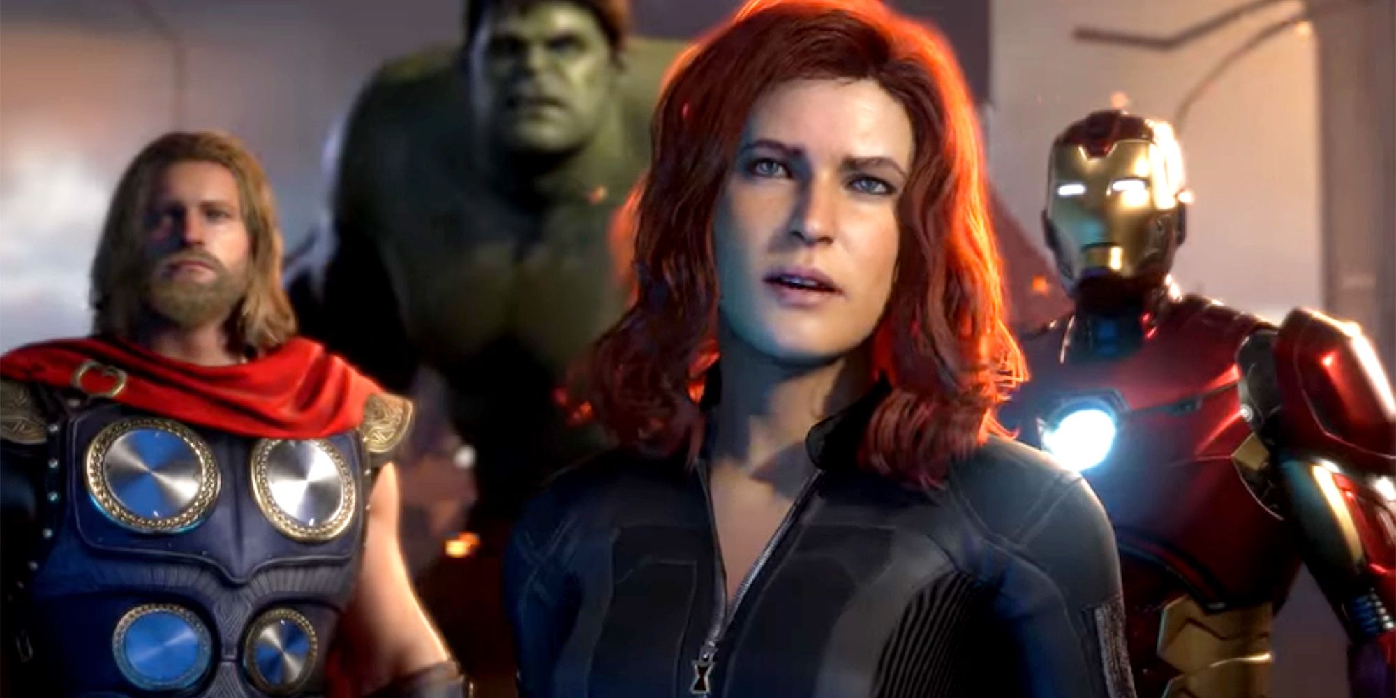 Black Widow looking past the camera appearing concerned in Marvel's Avengers, with Thor, Hulk, and Iron Man in the background.