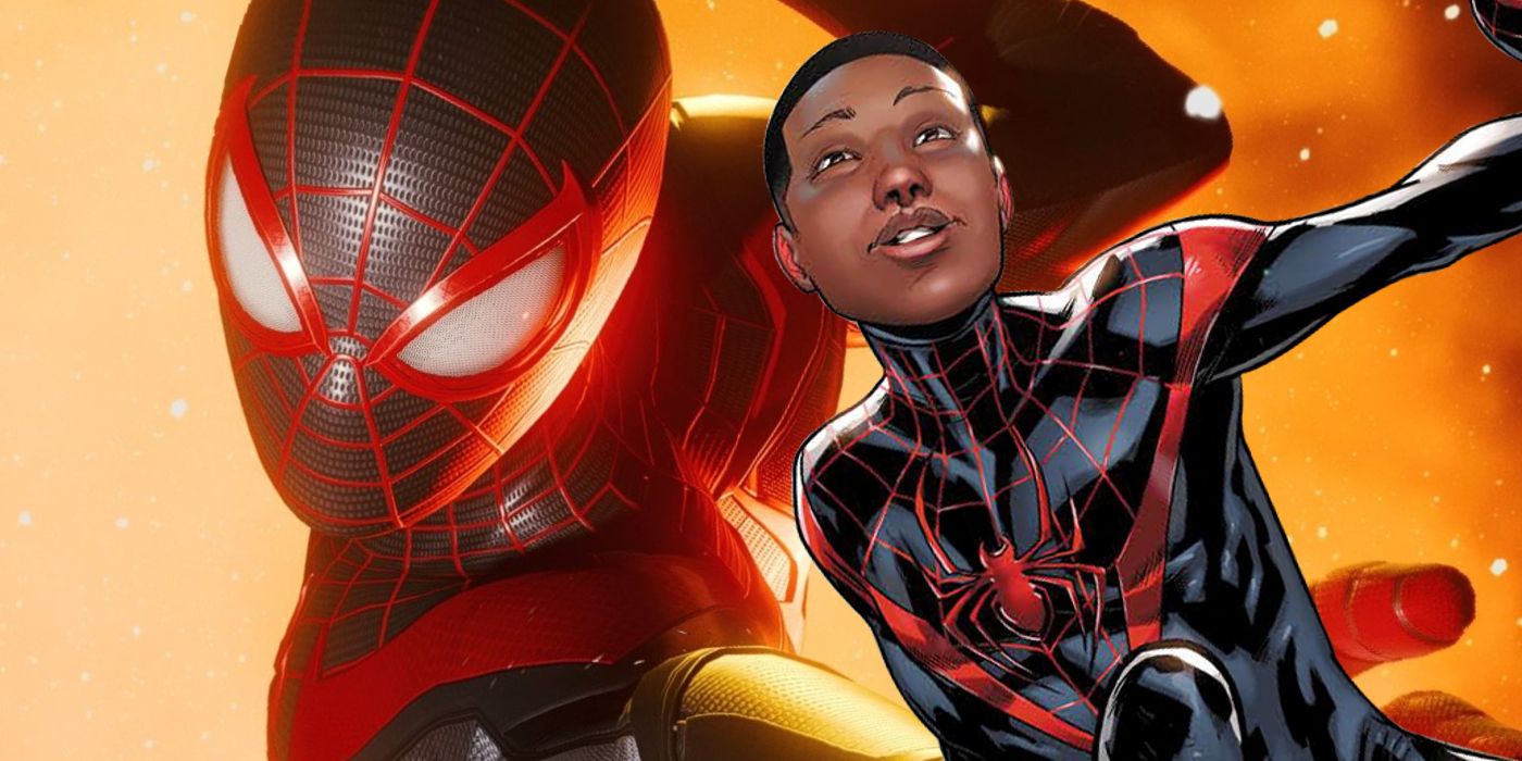 Screenshot of Miles Morales in Marvel's Spider-Man: Miles Morales launching himself at an enemy with an explosion behind him. A panel from the Ultimate Spider-Man comic showing an unmasked Miles is pasted to the right.