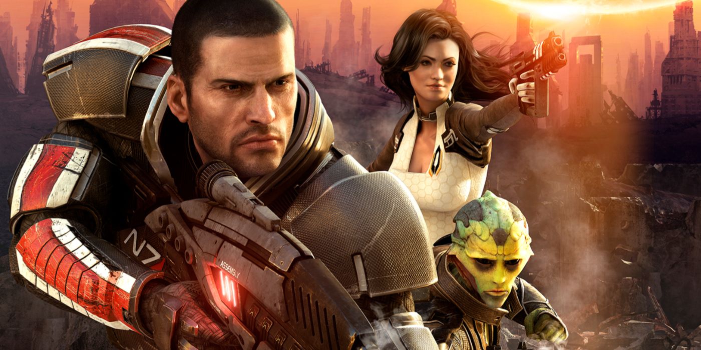 Mass Effect 2 promo art featuring Commander Shepard, Miranda, and Thane in action poses.