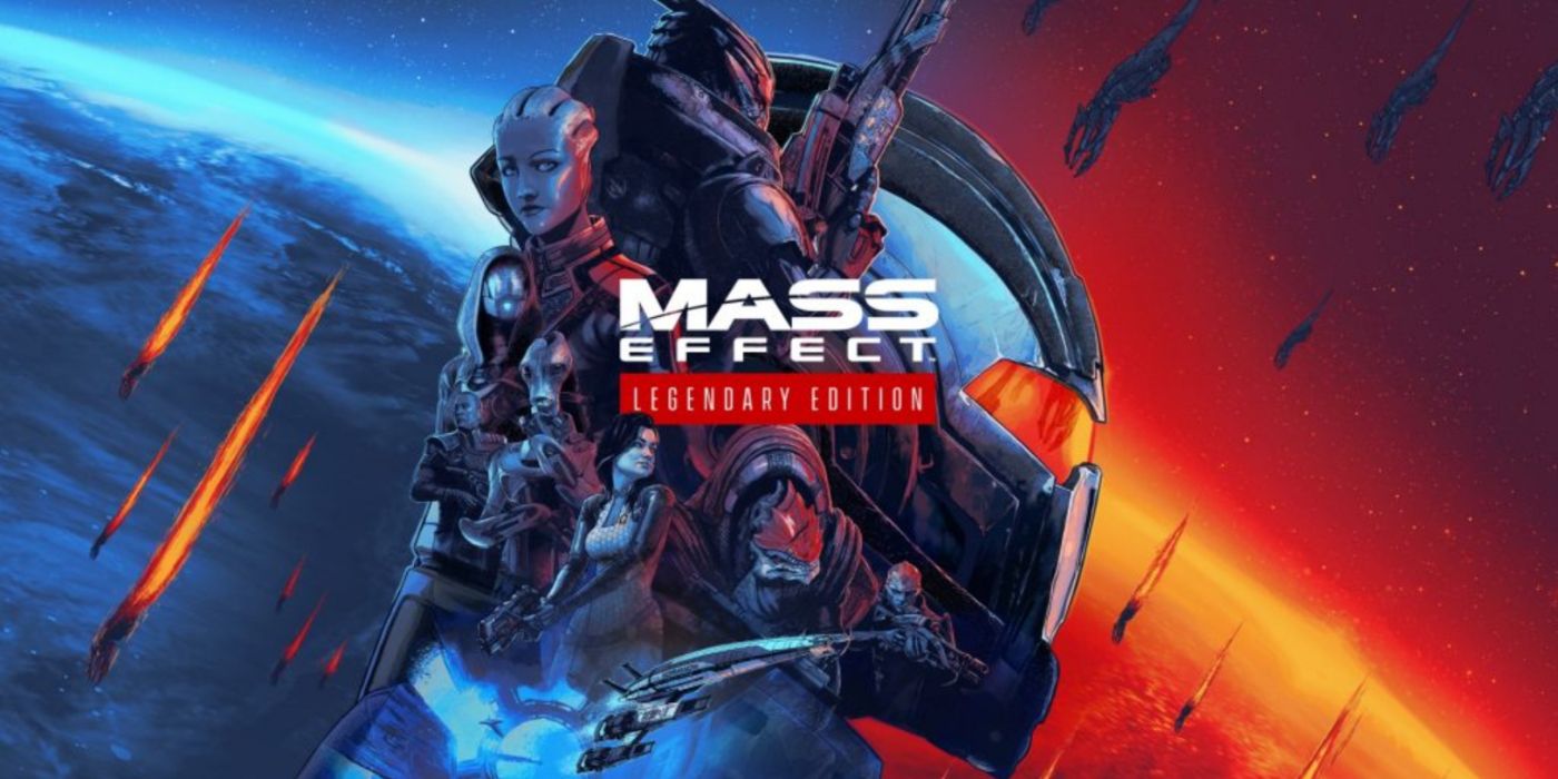 Promo art for Mass Effect Legendary Edition featuring a collage of the main cast.