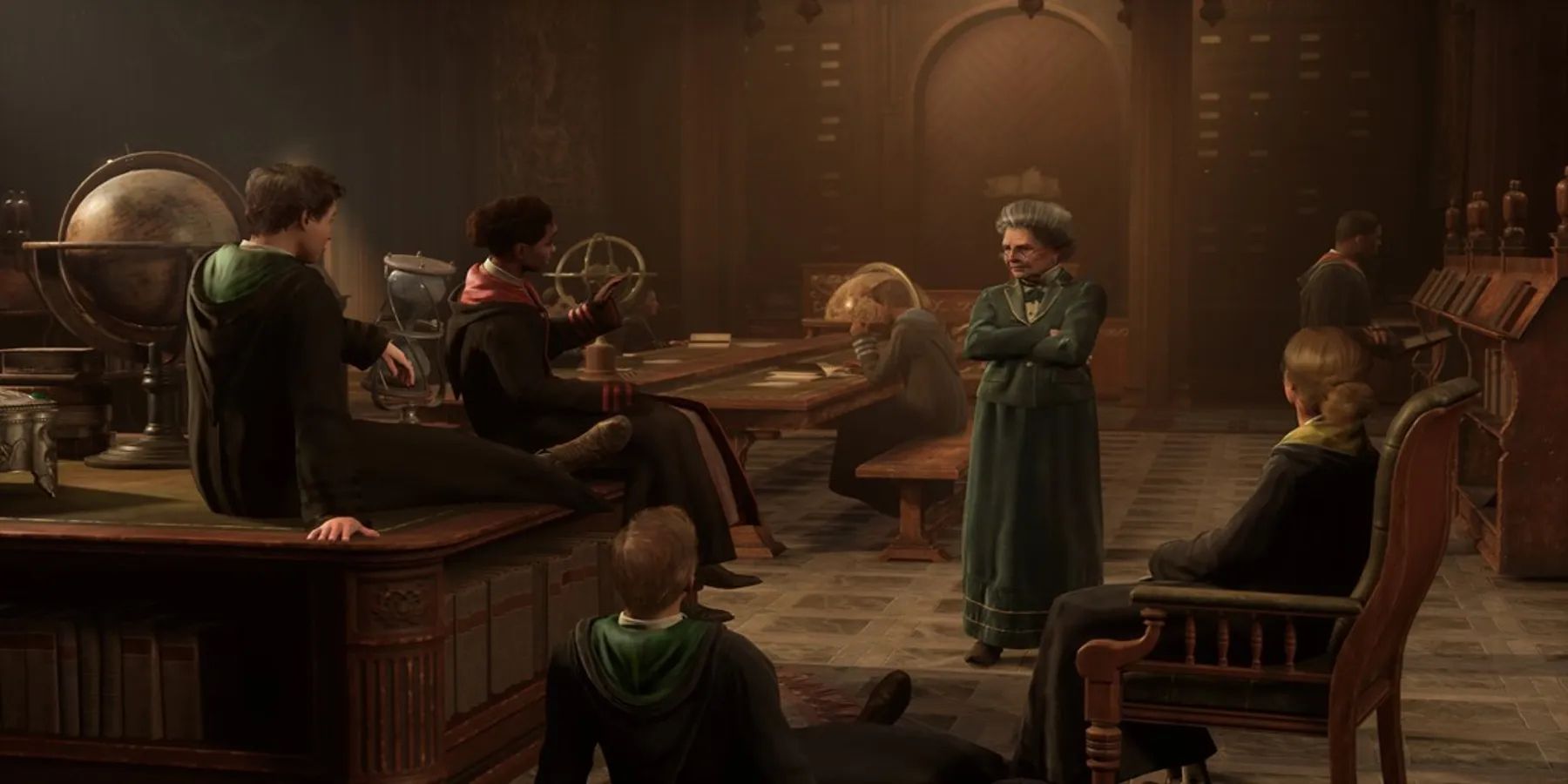 Imagem de alunos de Hogwarts na biblioteca da escola com a vice-diretora Professora Matilda Weasley em Hogwarts Legacy.