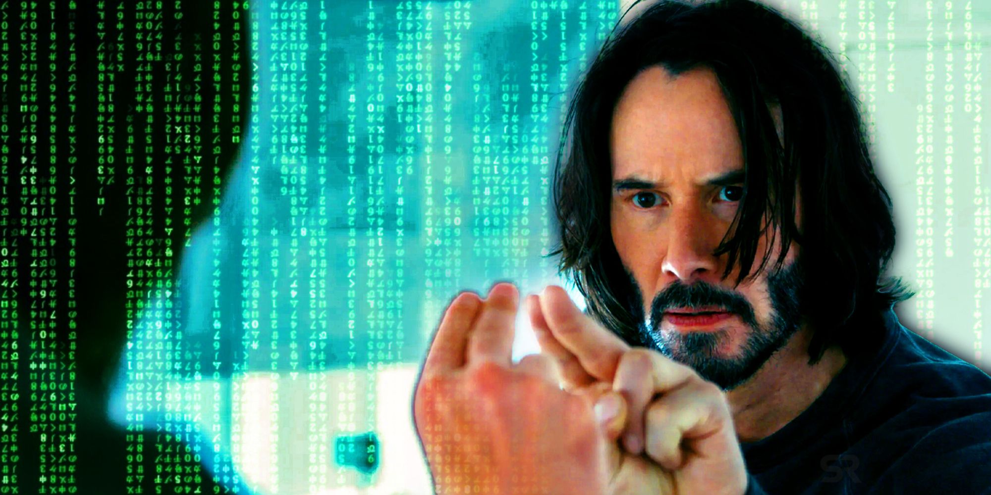Neo (Keanu Reeves) looking at Matrix code in the mirror in The Matrix Resurrections