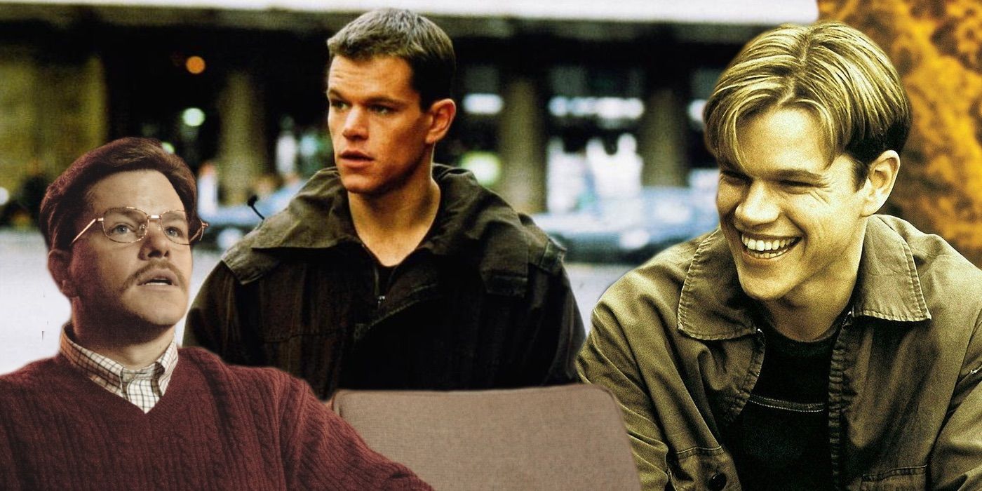 A composite image of Matt Damon in The Informant!, Good Will Hunting, and the Bourne Identity 