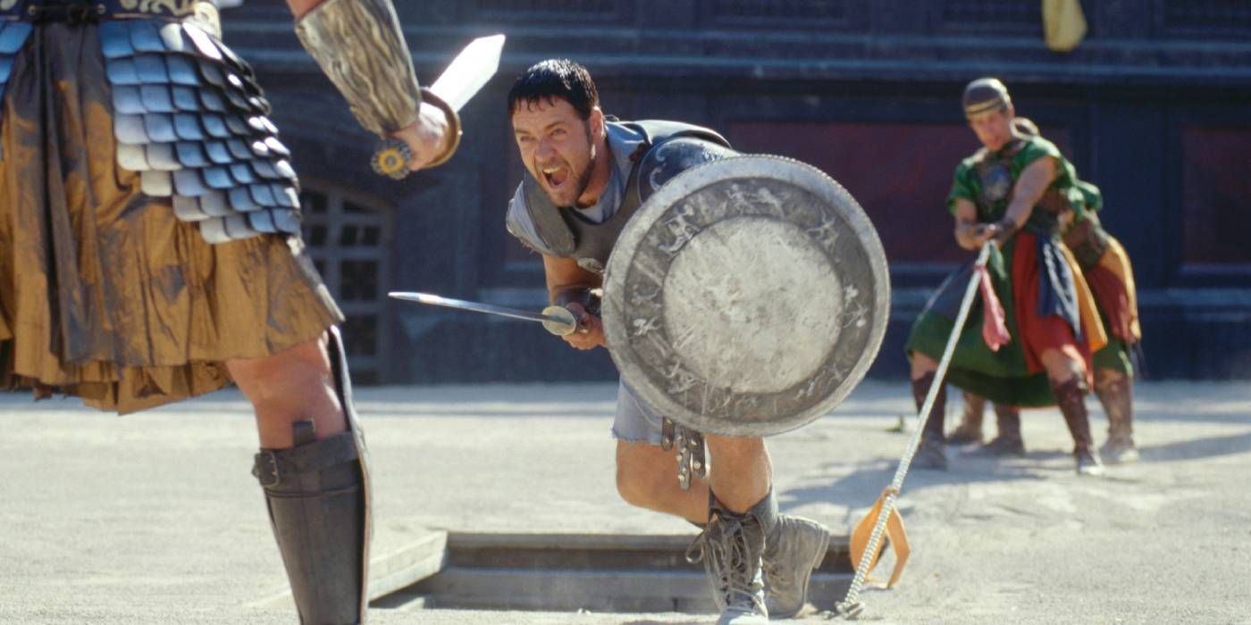 Maximus charging with a sword and shield in Gladiator.