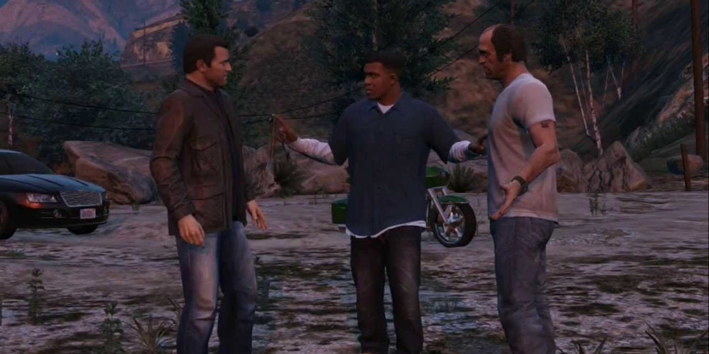 Michael, Franklin, and Trevor in GTA V stood in semi circle chatting
