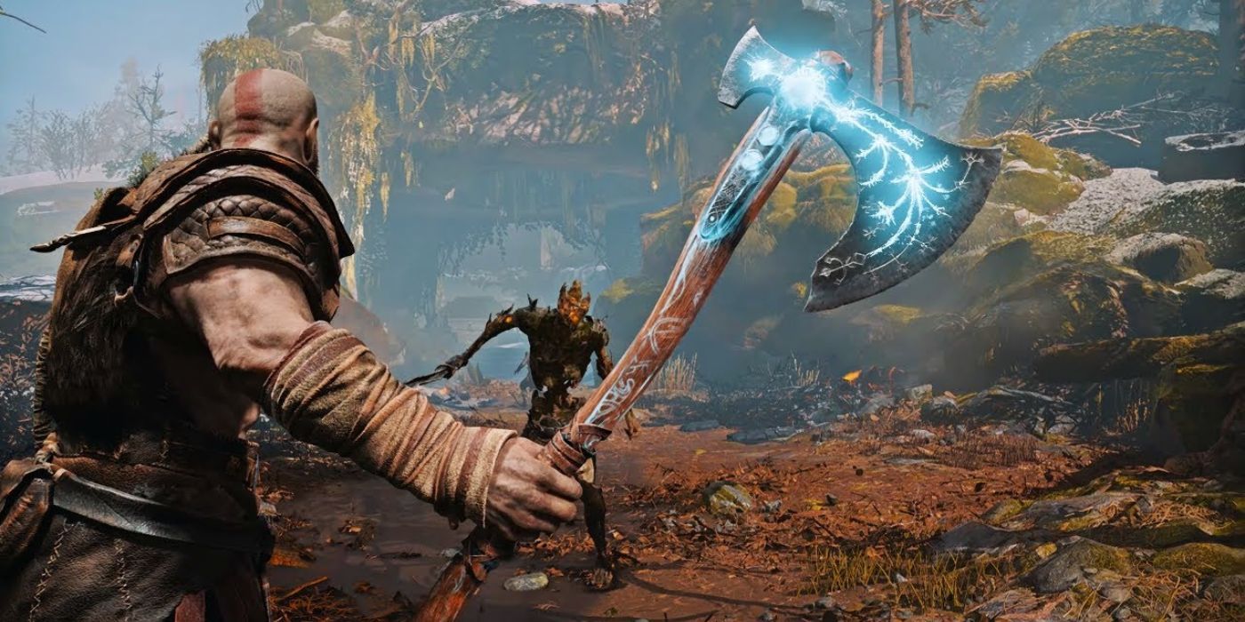 An image of Kratos preparing his Leviathan Axe in God of War (2018)