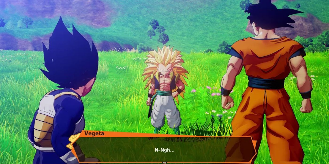 Goku and Vegeta facing off against Gotenks in Dragon Ball Z: Kakarot.