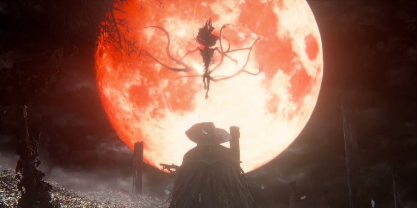 The Hunter facing off against the Moon's Presence in Bloodborne.