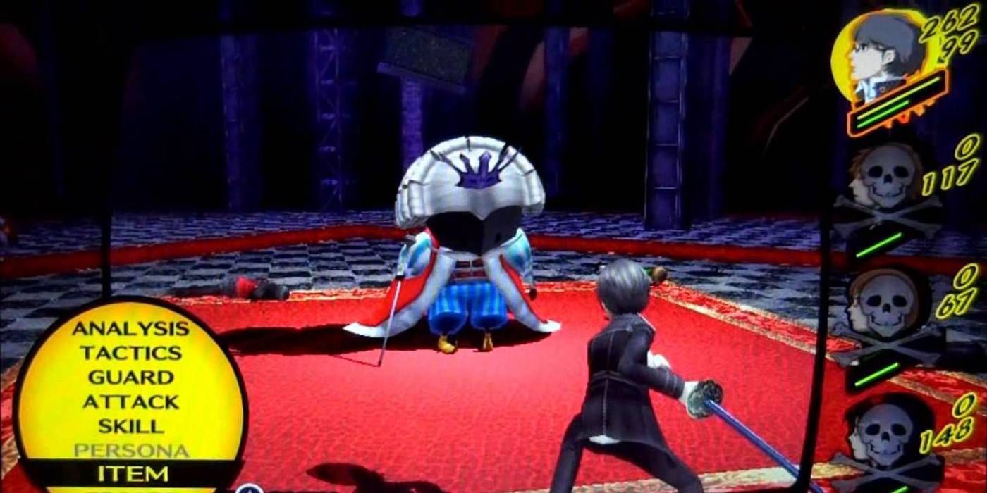 Persona 4 Golden The Contrarian King Boss Fight Encontro opcional no palácio de Yukiko, três membros do grupo para baixo Captura de tela do jogador