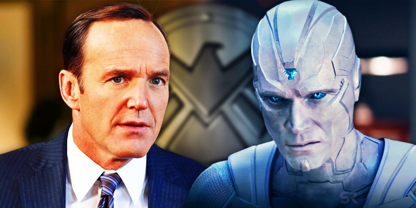 A split image of Agent Coulson and White Vision in the MCU.