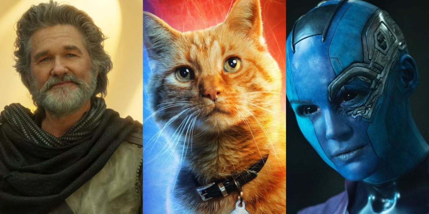 A split image features Ego the Celestial, Goose the Flerken, and Nebula the Luphomoid in the MCU