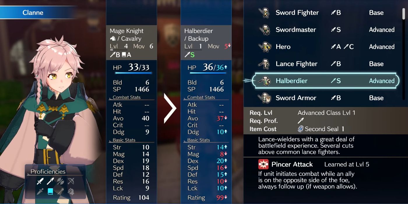 Tela de menu para alterar a classe de personagem Clanne em Fire Emblem Engage