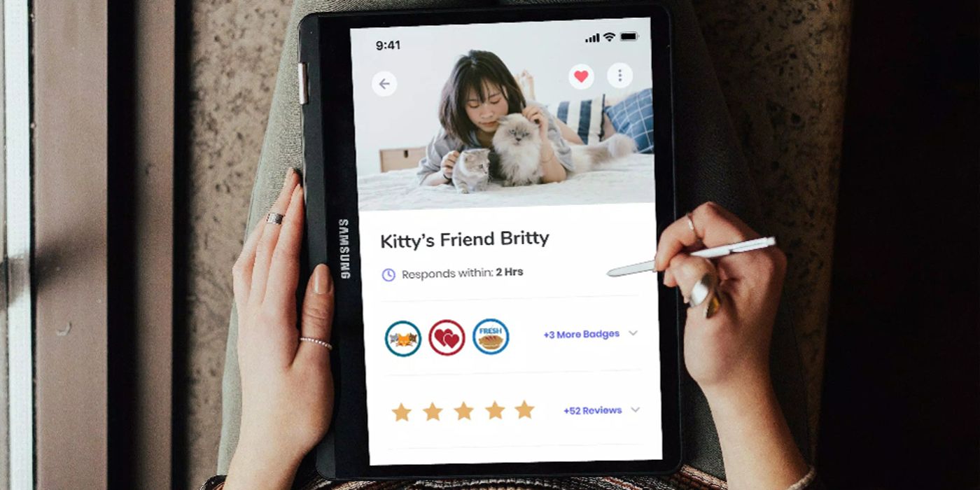 A person uses a Meowtel app on a Samsung tablet