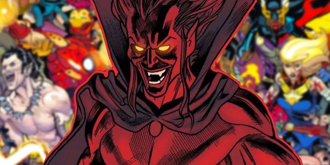 mephisto superimposed over images of terrified avengers