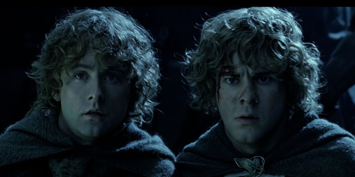 Merry and Pippin staring at the camera after being captured by Uruk Hai in LOTR