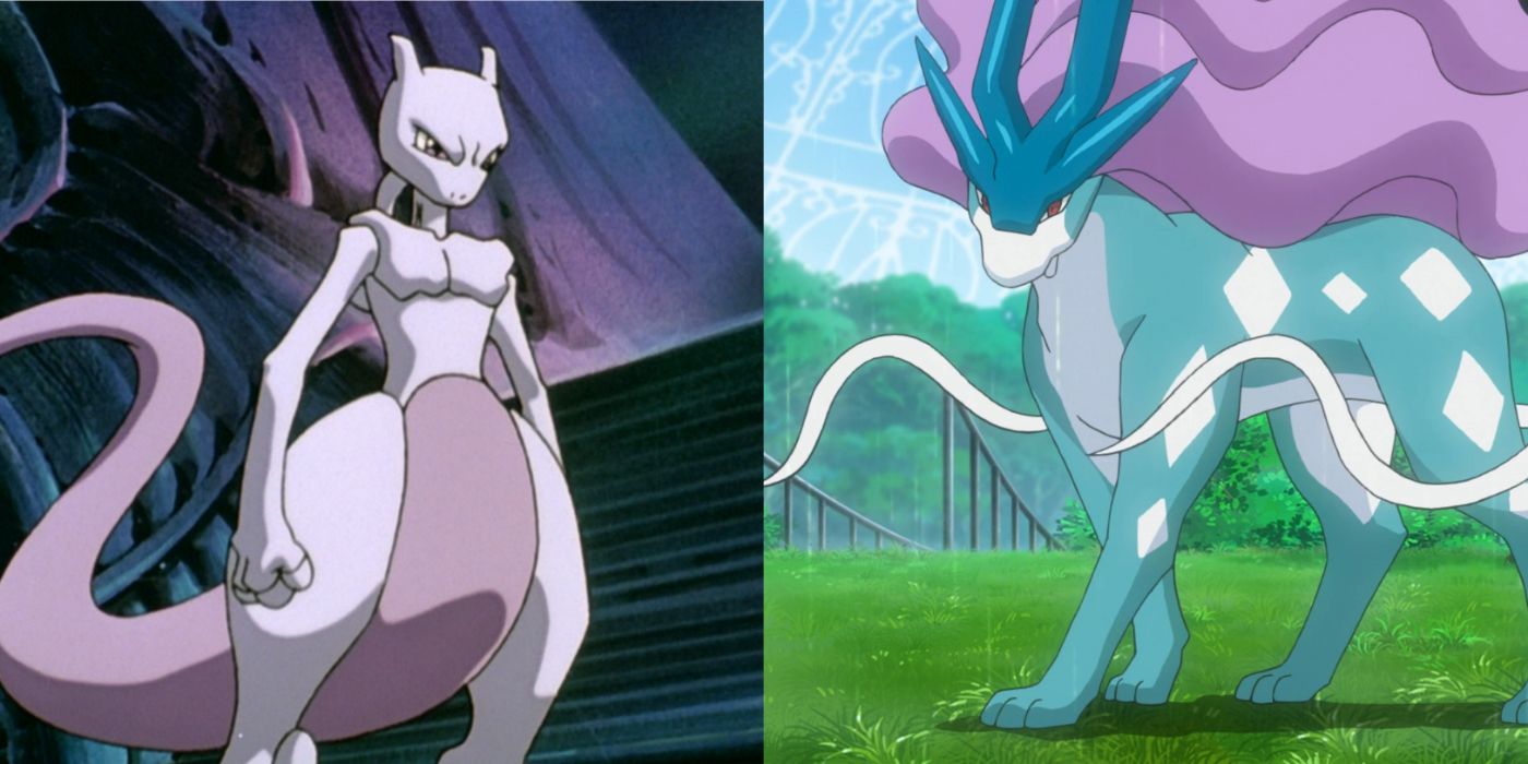 Split image of Mewtwo and Suicune in different Pokémon anime productions.