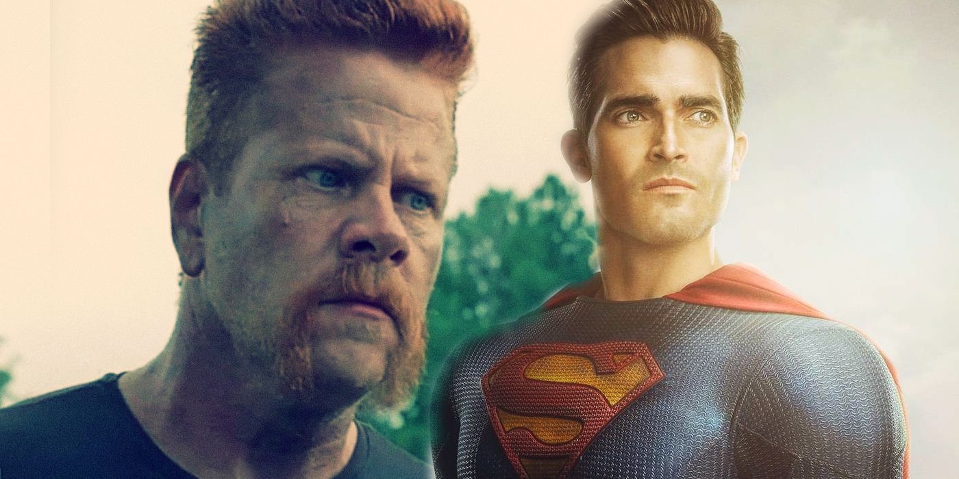 Split Image: Michael Cudlitz stares angrily as Abraham Ford in The Walking Dead; Tyler Hoechlin poses as Superman