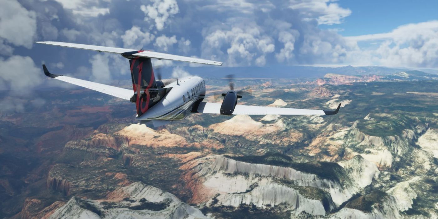 Microsoft Flight Simulator gameplay featuring a plane flying over canyons.