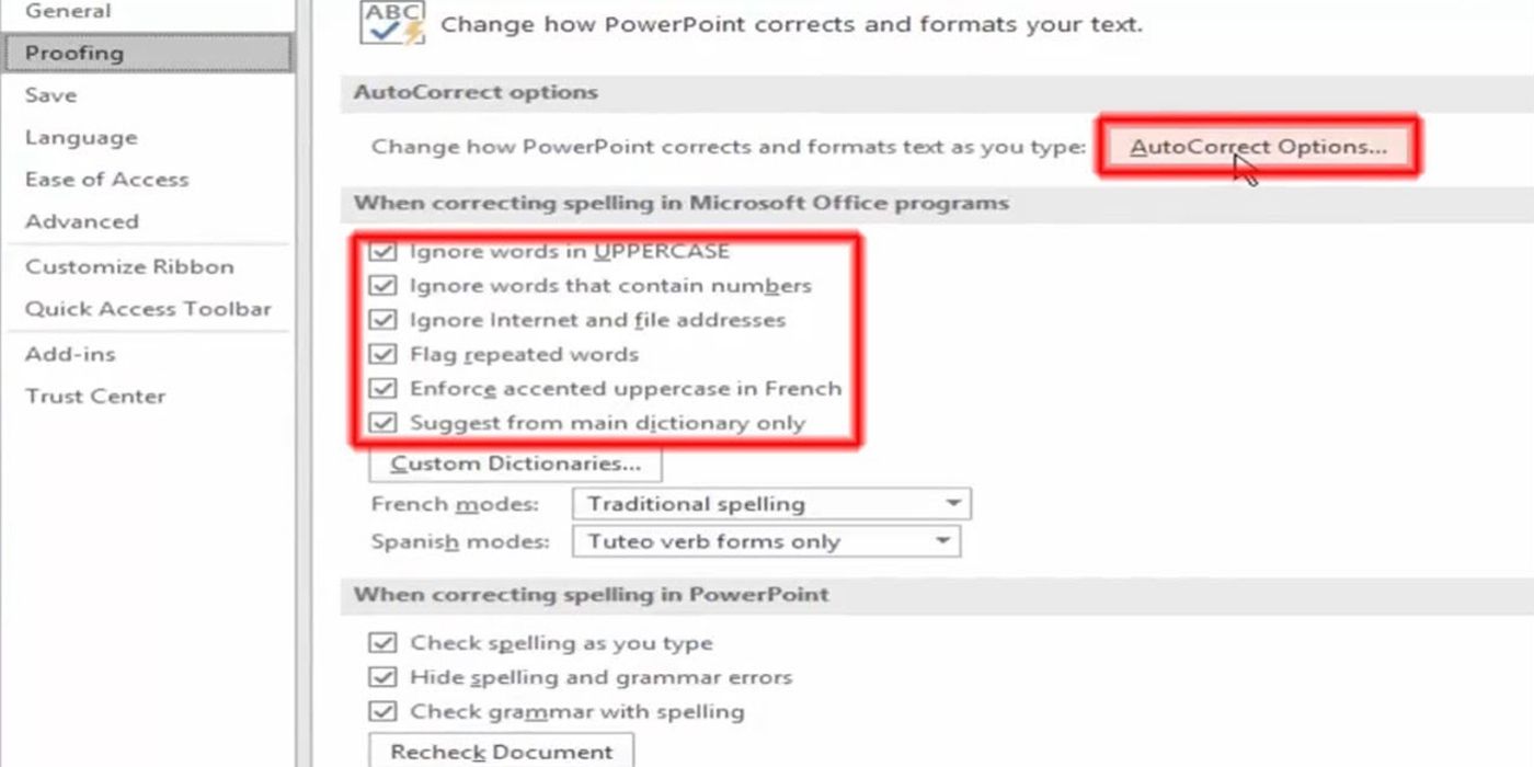 As opções de correção automática são mostradas no Microsoft Office