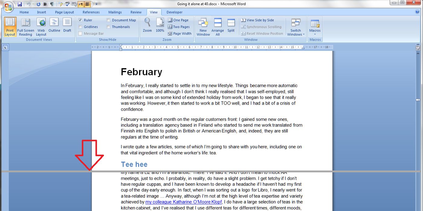 Microsoft Word's Split View mode is shown