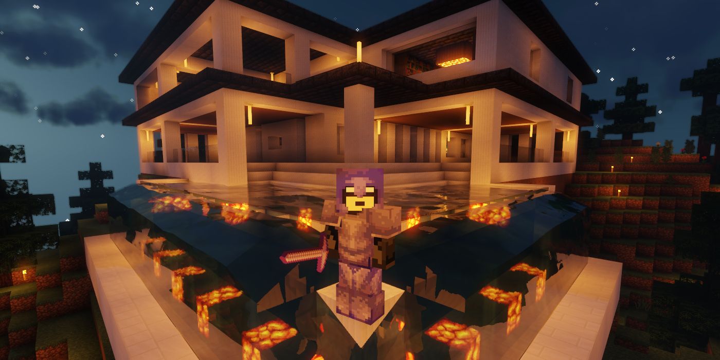 A Minecraft Player In Netherite Armor in front of an in-game house at night