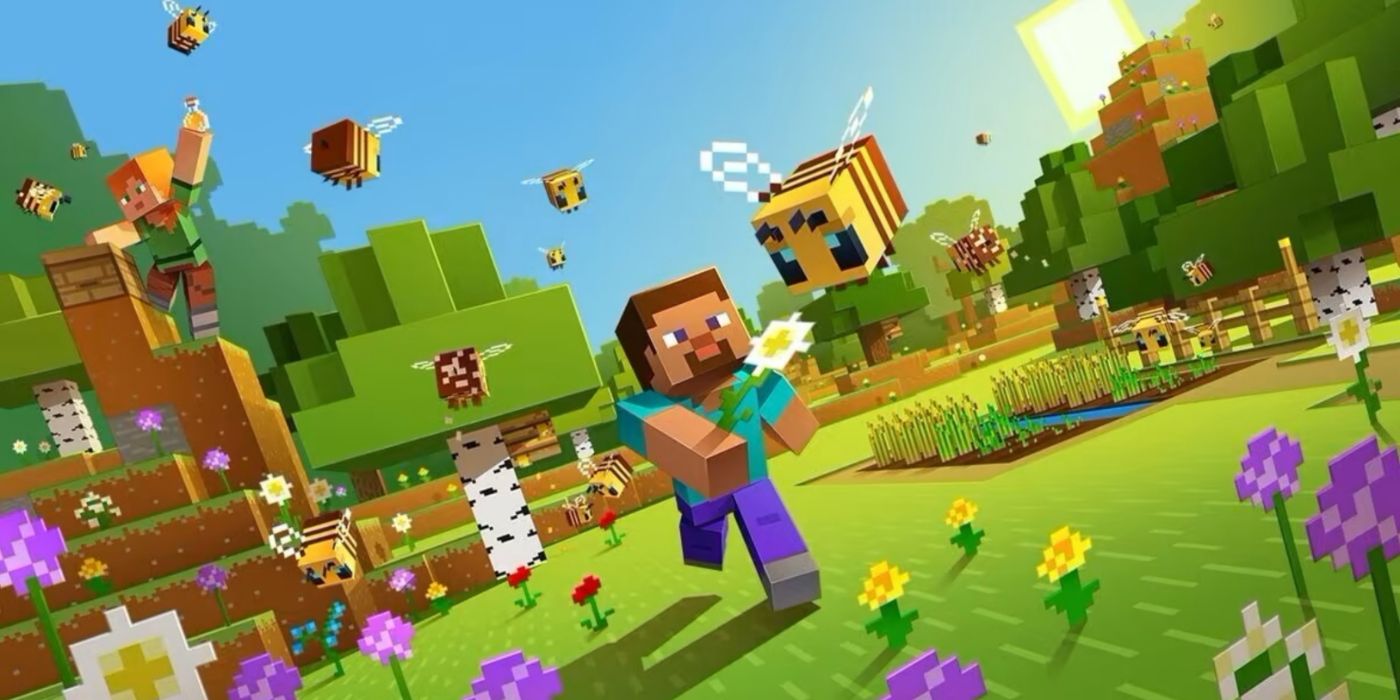 Steve Et Alex De Minecraft Courant Dans Un Champ Plein De Fleurs, Poursuivis Par Des Abeilles.