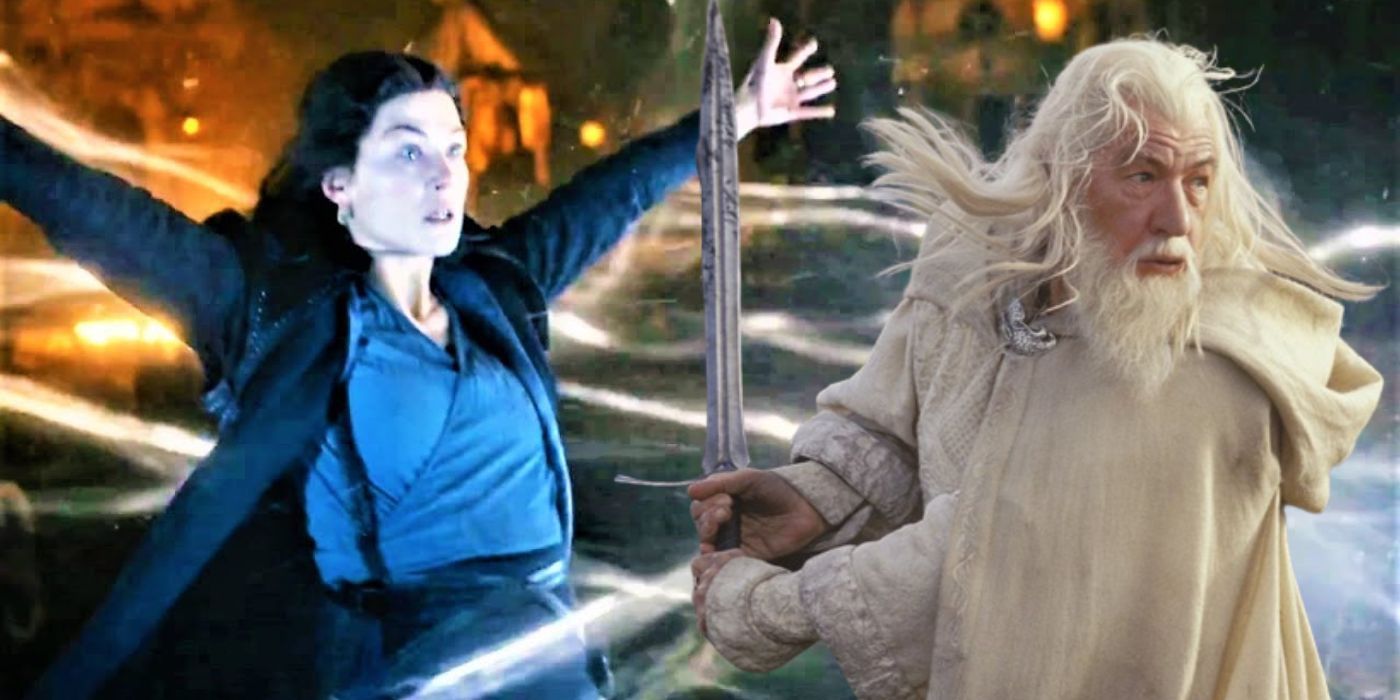 Moiraine raising her hands in Wheel of Time and Gandalf holding a sword in Lord of the Rings