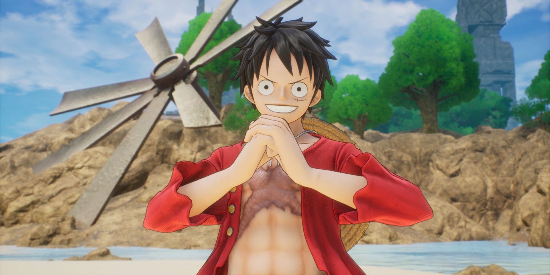 Monkey Luffy faz uma pose durante uma cena isolada da história em One Piece Odyssey