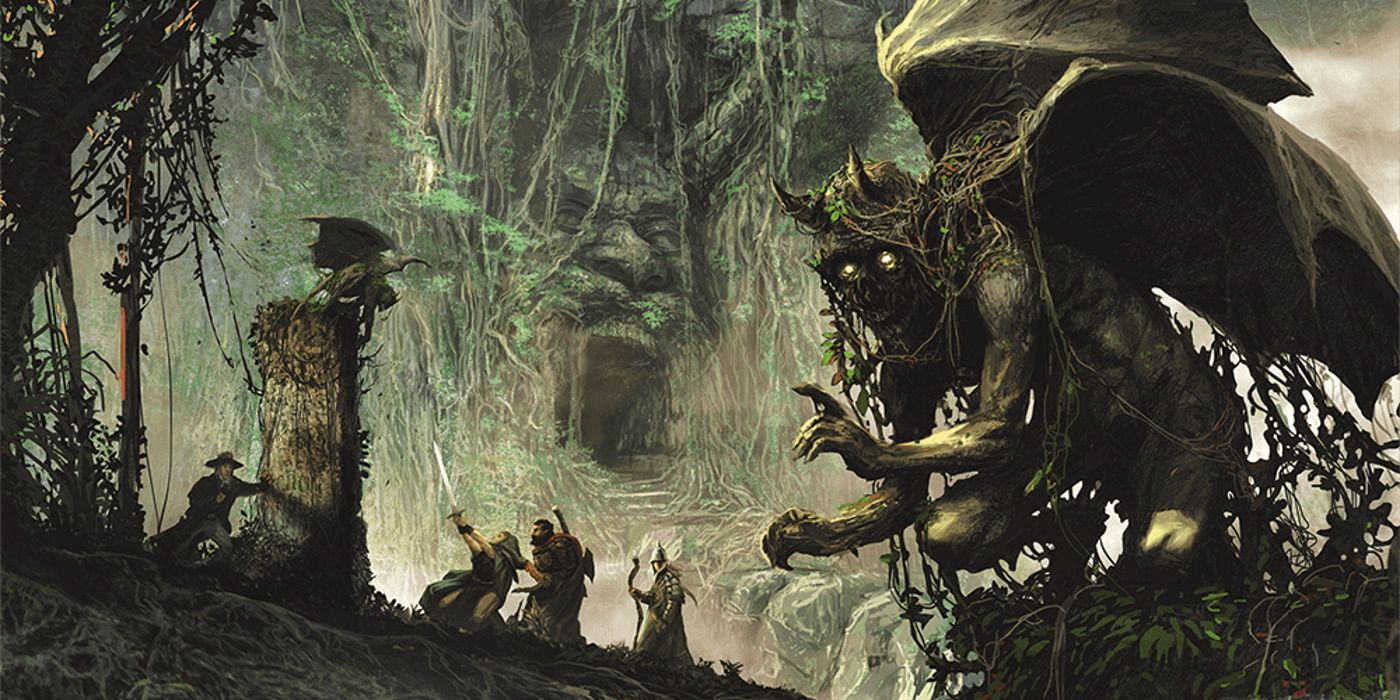 A giant, winged monster sneaks up behind Dungeons & Dragons adventurers as they are preoccupied with a smaller creature in an overgrown wilderness.