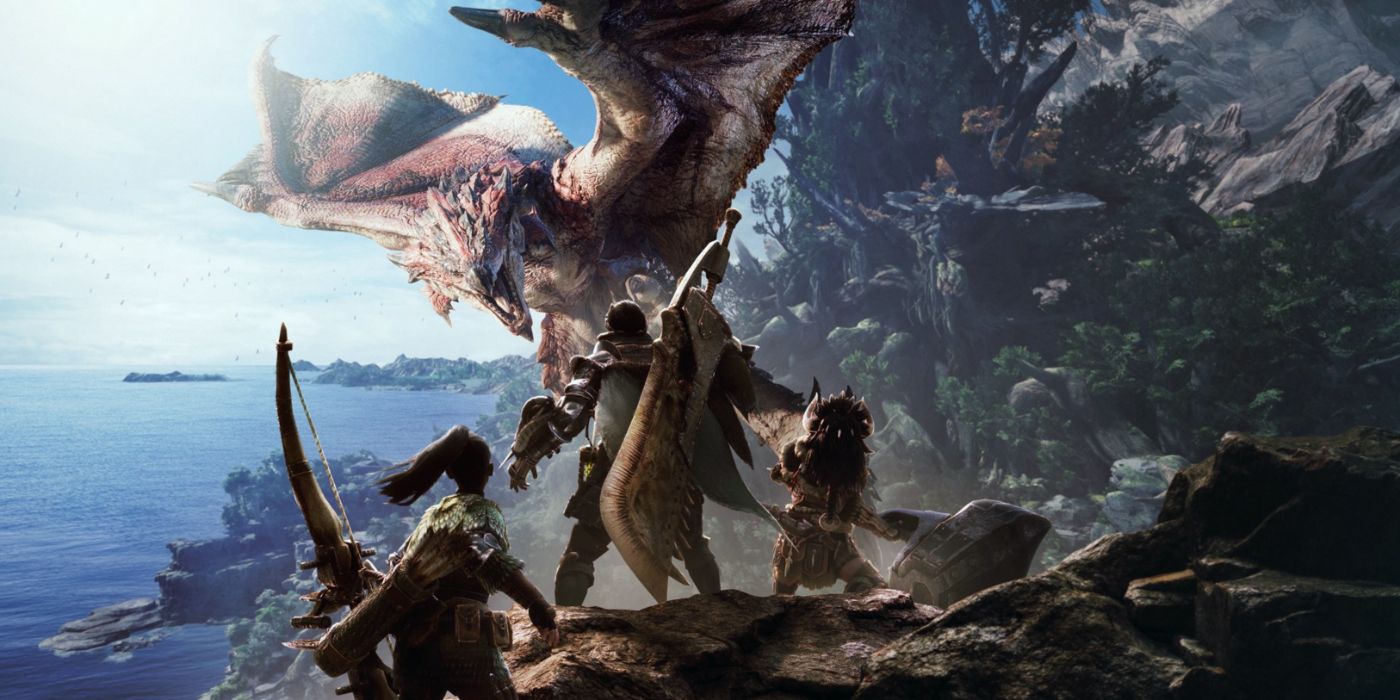 Monster Hunter: World key art apresentando uma equipe de caçadores olhando para um Rathalos voador.