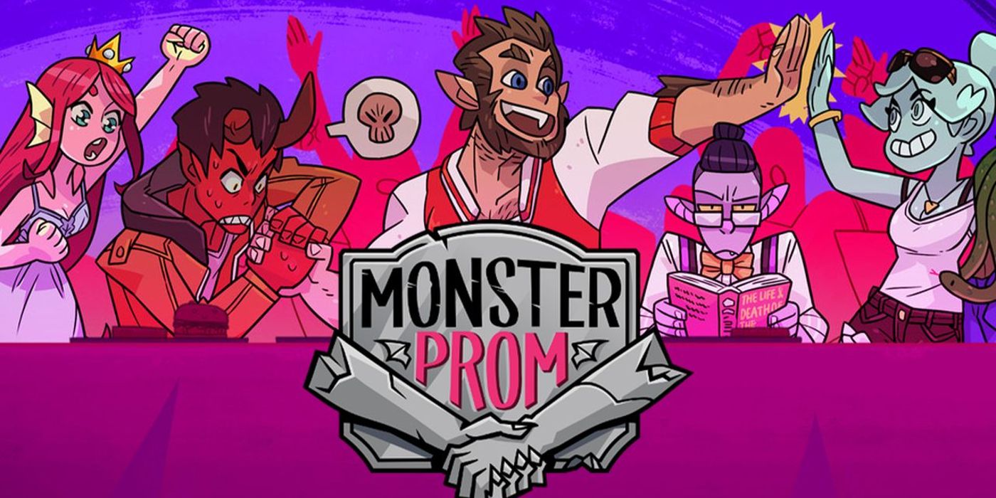 Cover art for Monster Prom: a pink background with monsters included a devil and werewolf.