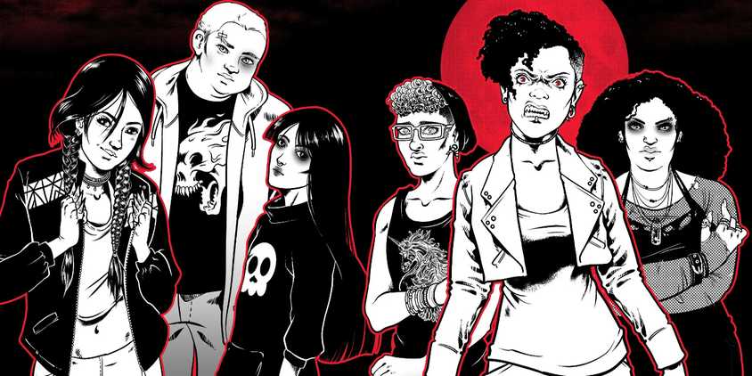 Cover art for Monsterhearts with characters atop a black background.