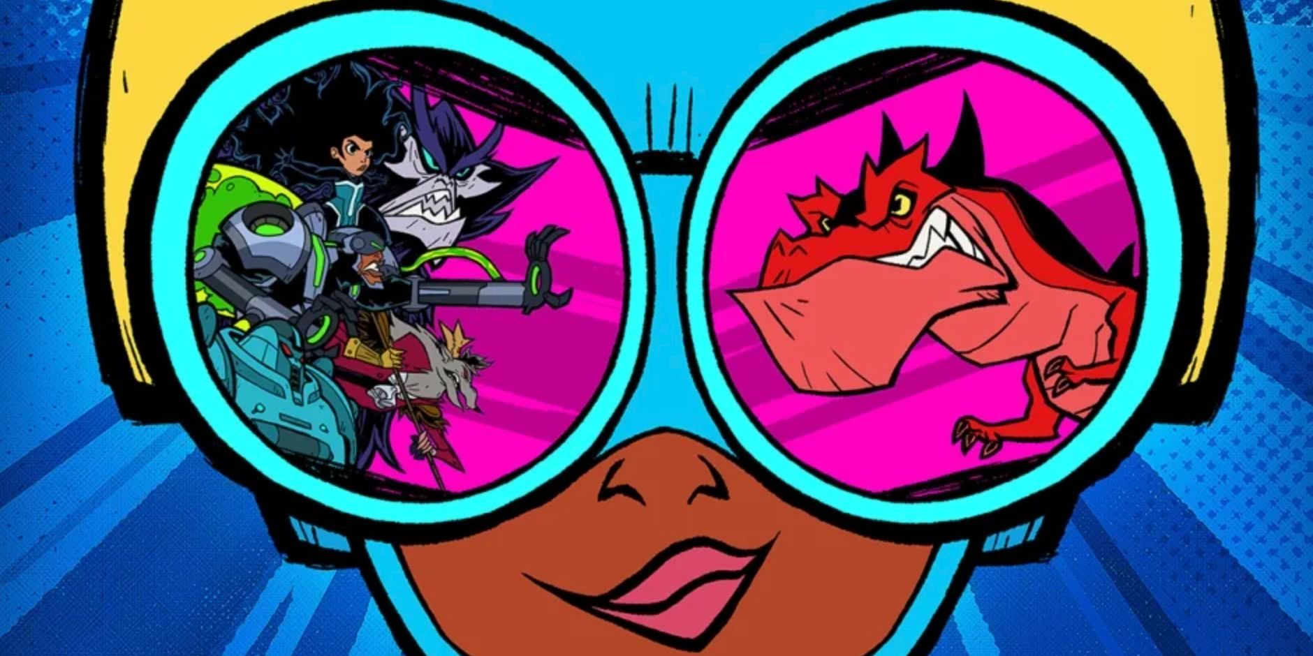 A closeup of Lunella and her glasses features her enemies reflected in one lens and Devil Dinosaur reflected in the other for Moon Girl and Devil Dinosaur