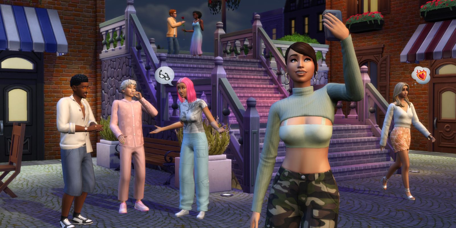 Moonlight Chic Kit Promotional Gambar Sims di sebuah pesta berfoto selfie dan mengobrol