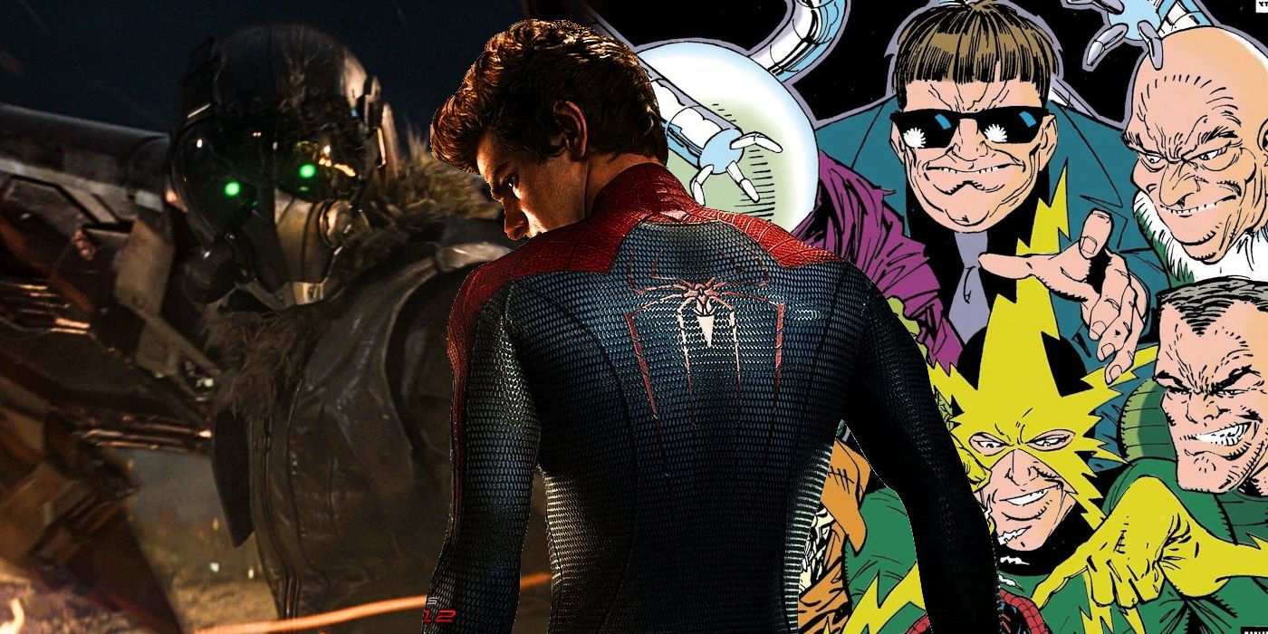 Split Image: the Vulture emerges from flames in Morbius; Andrew Garfield's Spider-Man gazes over his shoulder while basking in shadow; the comic Sinister Six, including Doc Ock, Vulture, Mysterio, Electro, Sandman, and Hobgoblin lurk in waiting