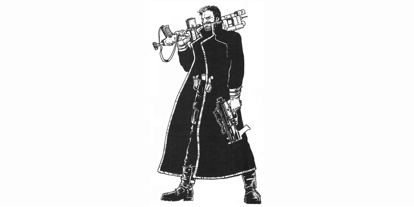 Uma ilustração em preto e branco de Morgan Blackhand do universo Cyberpunk.