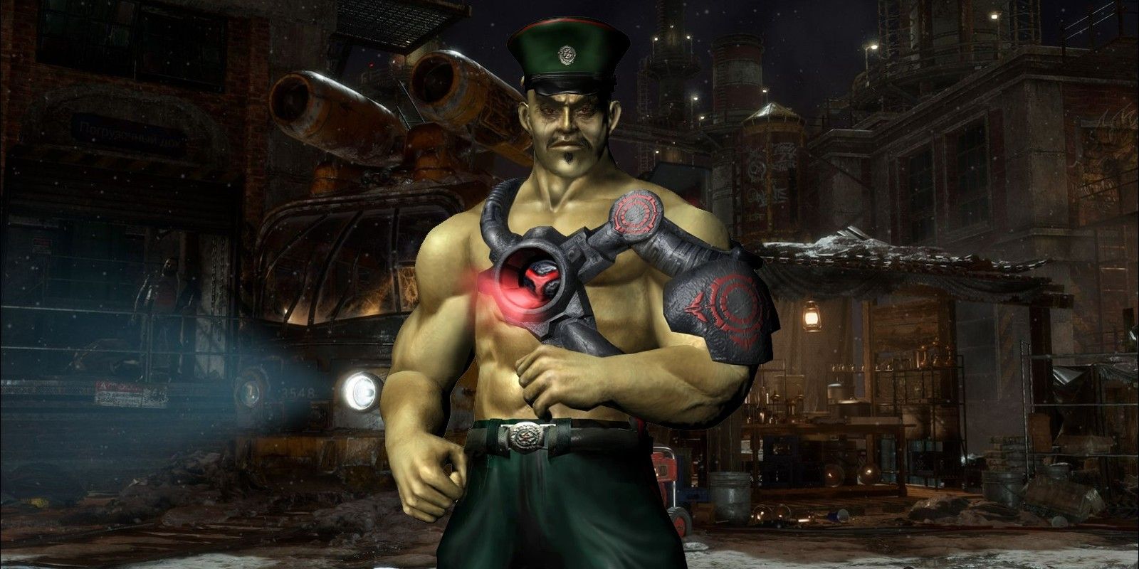 Hsu Hao at the Black Market Alley from Mortal Kombat 11. He's shirtless, but his left arm and torso are mostly covered by the cybernetic implant that replaces his heart and gives him strength.