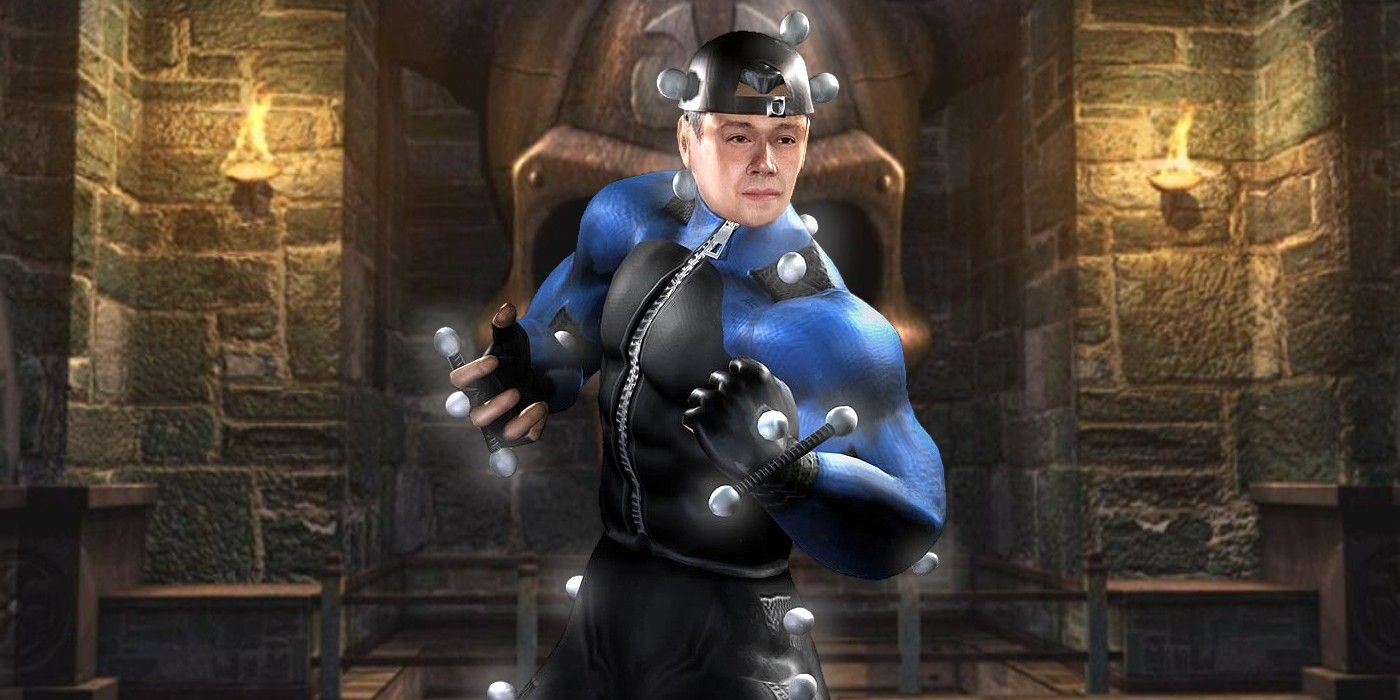 Mokap at the Slaughterhouse from Mortal Kombat: Deception, wearing a skin-tight blue and black suit and hat with motion capture sensors all over it.