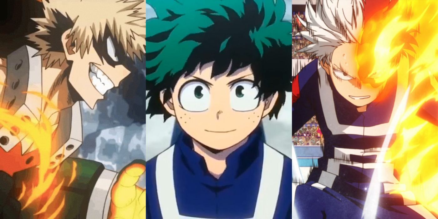 A three-image collage from My Hero Academia. On the left, Katsuki Bakugou activates his explosion Quirk. In the middle, Izuku Midoriya looks upward determinedly. On the right, Shouto Todoroki shoots ice from his right side and fire from his left side.